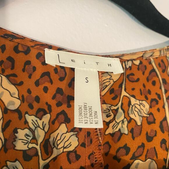 Leith Women's size Small Floral Cheetah Animal Print Brown Midi Wrap Dress - Picture 4 of 8
